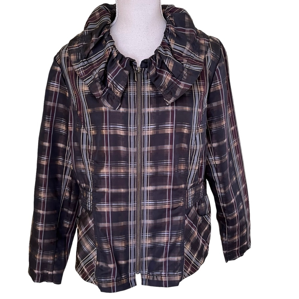Plaid Ruffle Collar Zip Jacket - Black & Brown